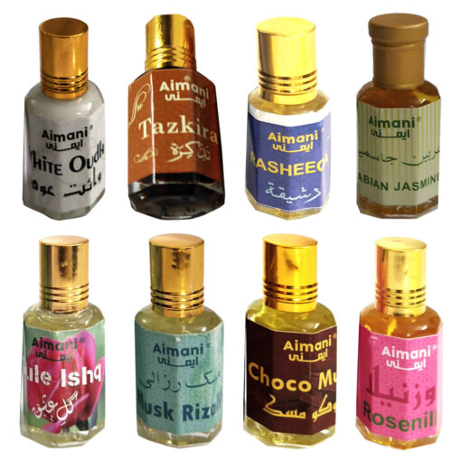 Aimani Fragrances 8 in 1 Real Natural & Long Lasting Attar Combo Offer (Arabian Jasmine - Choco Musk - Gul E Ishq - Musk Rizali - Rasheeqa - Rosenilla - Tazkirah - White Oudh)